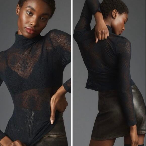 Anthropologie Black Lace Layering Mock Neck Top - Picture 1 of 7